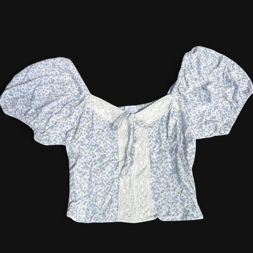 Blue Floral Puff Sleeve Crop Top White Lace Trim Size S